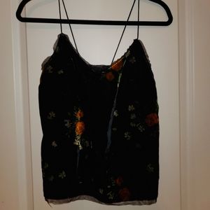 Zara Basic, Small, Black Floral Velvet Top